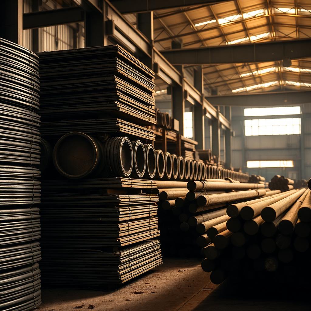 Stacked ferrous metal coils and steel billets in a warehouse