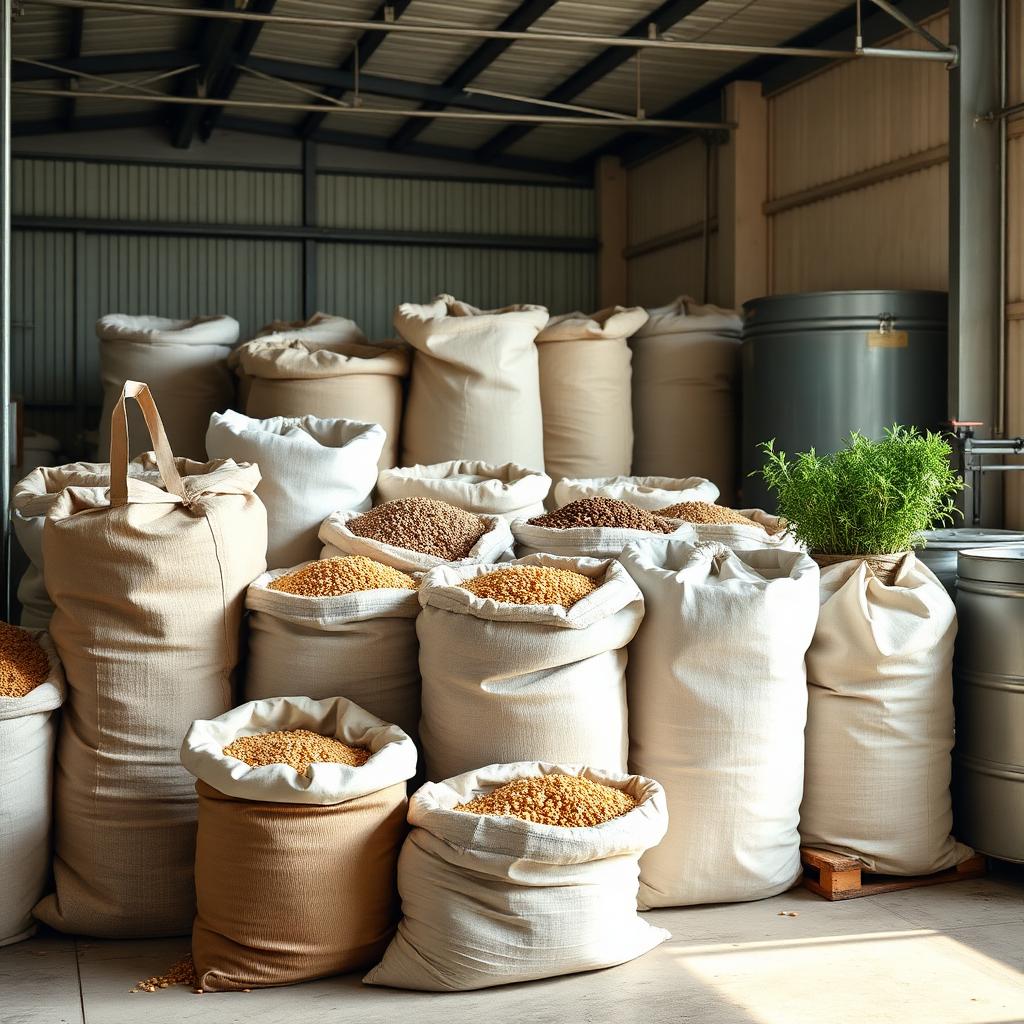 Bulk grains and nutritional commodities in sacks at a logistics facility